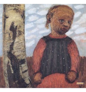 Girl In Red Dress On Tree Trunk In Front Of Clouded Sky