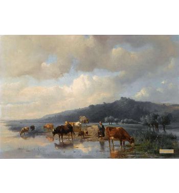 A Cowherdess With Watering Cows