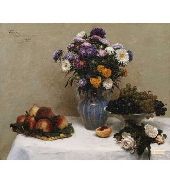 White Roses And Chrysanthemums In A Vase Peaches And Grapes