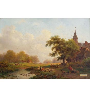 Summer Landscape With Sheperds And Cattle Near A Village