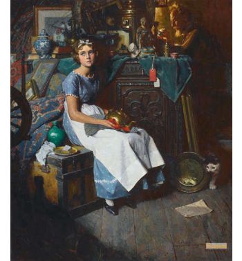 Dreams in the Antique Shop Woman Daydreaming in Attic