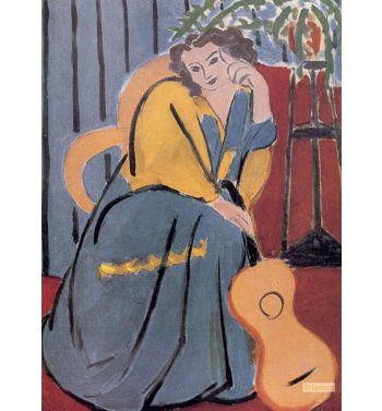 Woman In Yellow And Blue With A Guitar