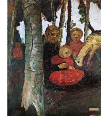 Three Children With Goat In The Birch Forest