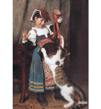 En Lille Pige Staaende Hel Figur I Bondedragt Leger Med En Kat 1880