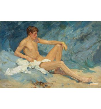 A Male Nude Reclining On Rocks