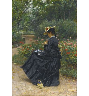 Woman Sewing In A Garden