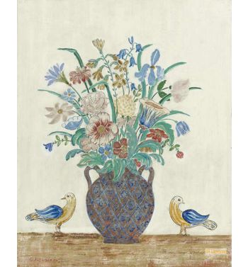 Lowers In A Blue Painted Vase With Bird