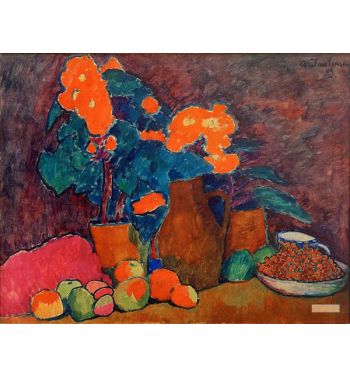 Still Life With Flowers Fruit And Bottle