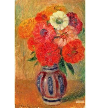 Zinnias In A Striped Blue Vase