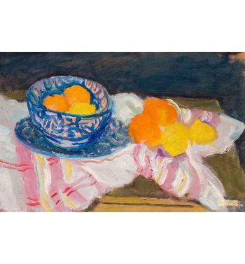 Still Life With Blue And Orange Bowl On Pink Striped Linen, Circa 1950
