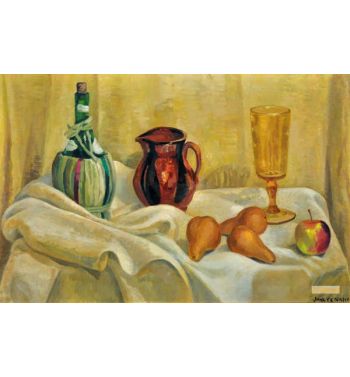 Still Life of Fruit Jug Wine Bottle and Glass