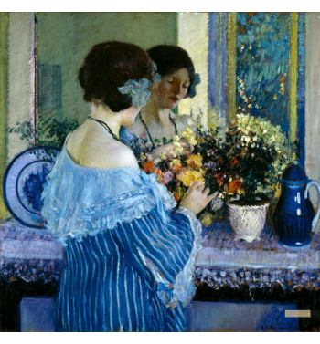 Girl In Blue Arranging Flowers