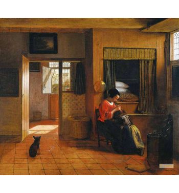 Interior Room With A Mother Who Cleans Her Child's Hair Known As Mother's Task