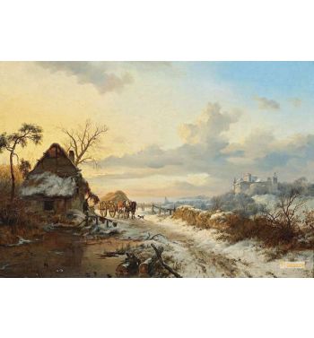 Winterlandschaft Mit Pferden Und Karren