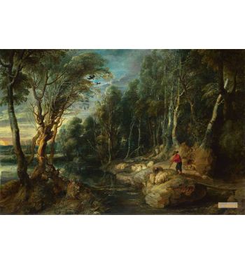 Shepherd With His Flock In A Woody Landscape