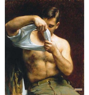 Man Putting on His Shirt