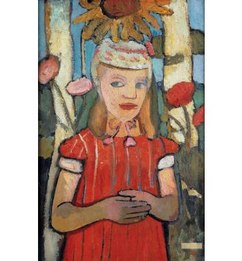 Girl In Red Dress In Front Of Sunflower 1907