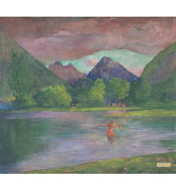 Afterglow Tautira River Tahiti Fisherman Spearing A Fish