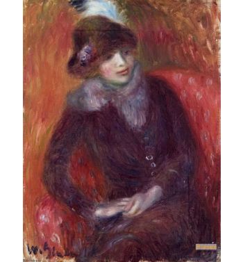 Seated Woman With Fur Neckpiece And Red Background