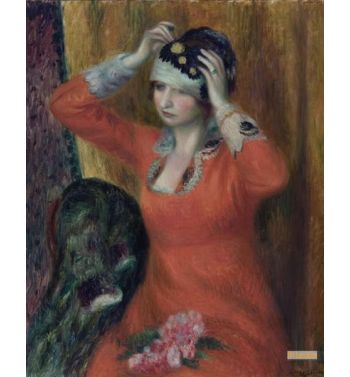 Girl In Red Dress Pinning On Hat