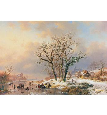 A Winter Landscape With Figures Skating On A Frozen River
