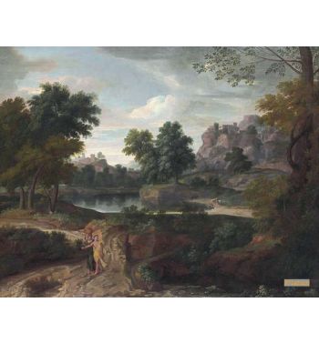 Two Figures On A Path In A Wooded Classical Landscape Buildings And A Pool Of Water Beyond