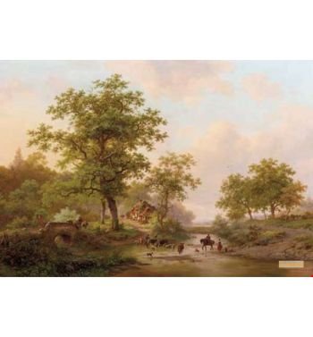 Cattle Passing A Ford In A Wooded Landscape In Summer