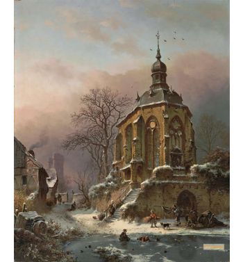 Figures At Work In A Winter Landscape An Approaching Storm Beyond