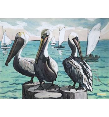 Three Pelicans and Sailboats