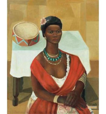 Mulata Sentada Na Frente Da Mesa Com Pandeiro