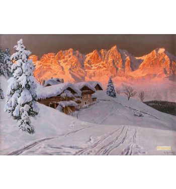 Abendliche Winterstimmung Mit Berghof Vor dem Kaisergebirge