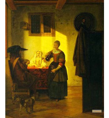 A Couple Playing Cards With A Serving Woman