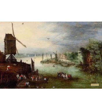 A River Landscape With A Ferry Crossing Near A Windmill