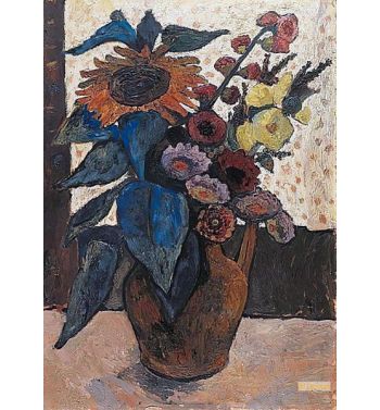 Stillleben Mit Sonnenblumen Stockrosen Und Georginen Still
