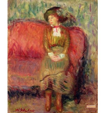 Girl Seated On A Red Sofa