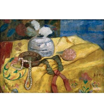 Still Life With Yellow Blanket And Ginger Pot With Flowers