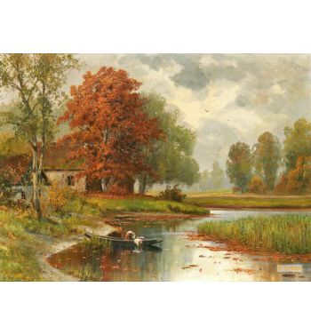 Autumnal River Landscape with a Washerwoman