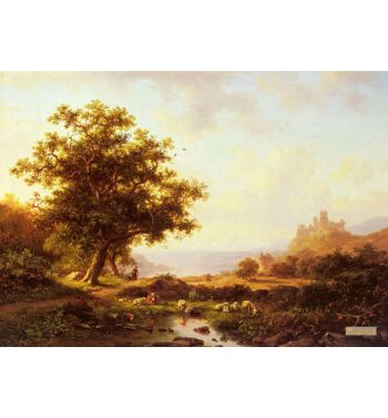 An Extensive River Landscape With A Castle On A Hill Beyond