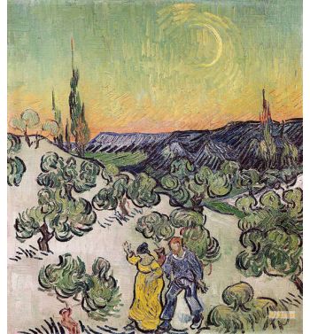 Landscape With Couple Walking And Crescent Moon