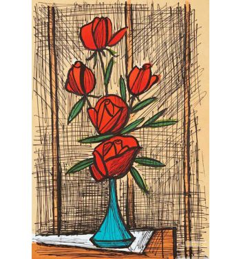 Bouquet De Cinq Roses Au Vase Bleu