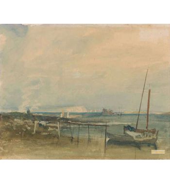 Coast Scene With White Cliffs And Boats On Shore