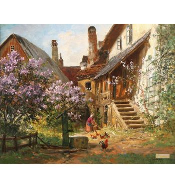 Idyllic Spring Farmyard Scene with Lilacs