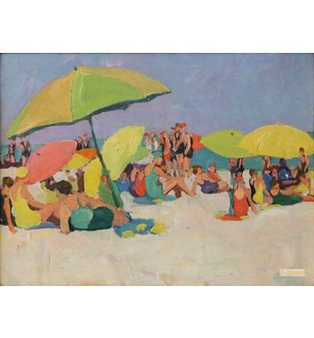 Beach Scene Green and Yellow Umbrellas