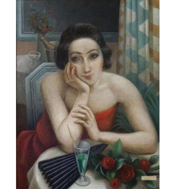 Young Pensive Woman With Red Roses 1923