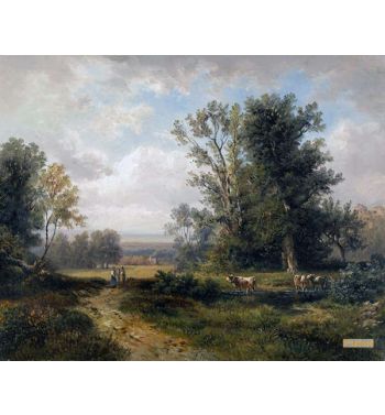 Paysage D'Été Avec Des Femmes Paysannes Et Des Vaches