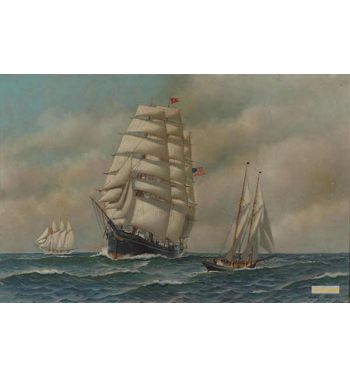 A Three Masted Ship With Smaller Craft