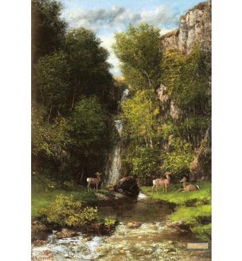 A Family Of Deer In A Landscape With A Waterfall