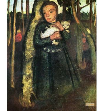 Girl With Cat In Birch Forest