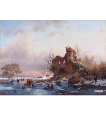Winter Landscape With Skaters Near A Dilapidated Castle