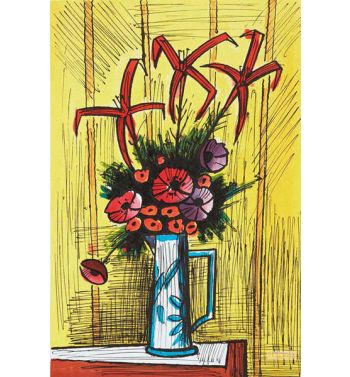 Bouquet Au Vase Bleu Fond Jaune